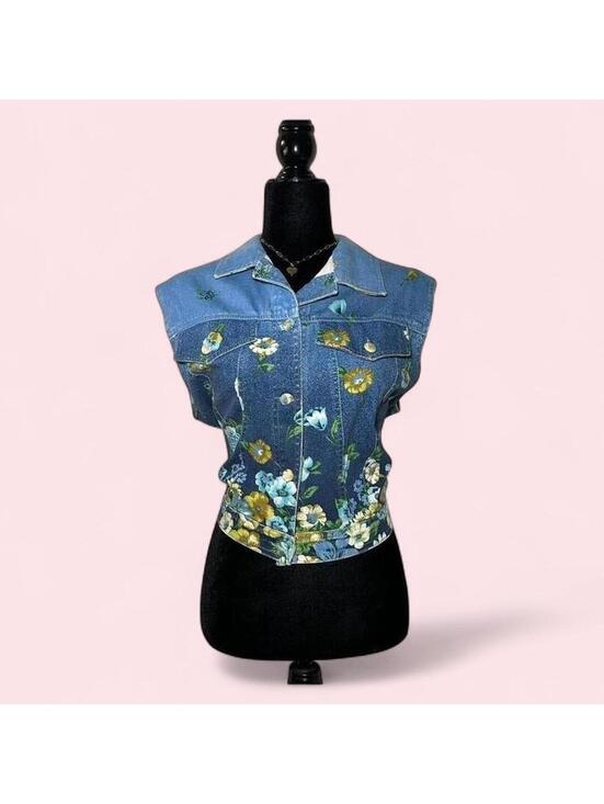 Tops - Bianca Maria Caselli Floral Denim Vest Jean Jacket Boho Size S